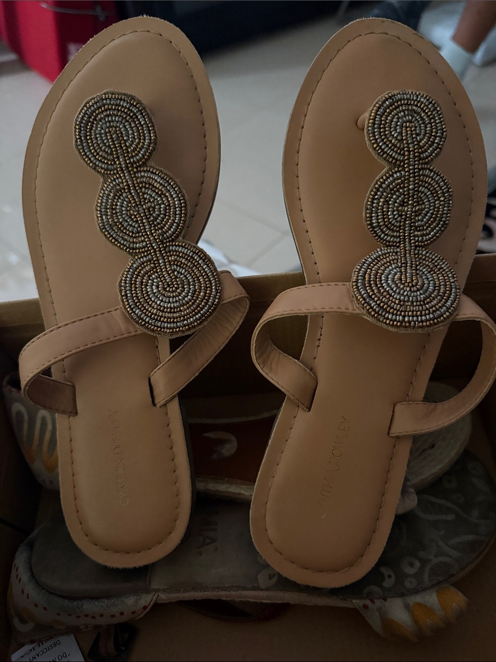 Cynthia Rowley Tan Beaded T-Strap Sandals